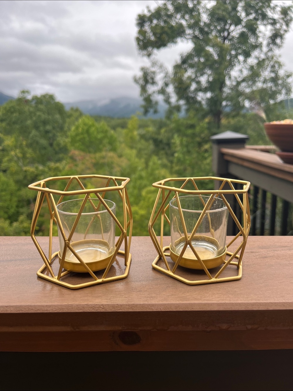 Set of 2 Gold Geometric Metal Tea Light Candle Holders Glass Votives